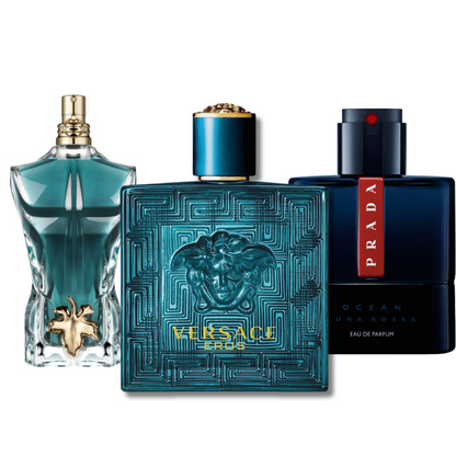Combo promozionale di 3 profumi Prada Luna Rossa, Versace Eros, Le Beau (Eau de Parfum)